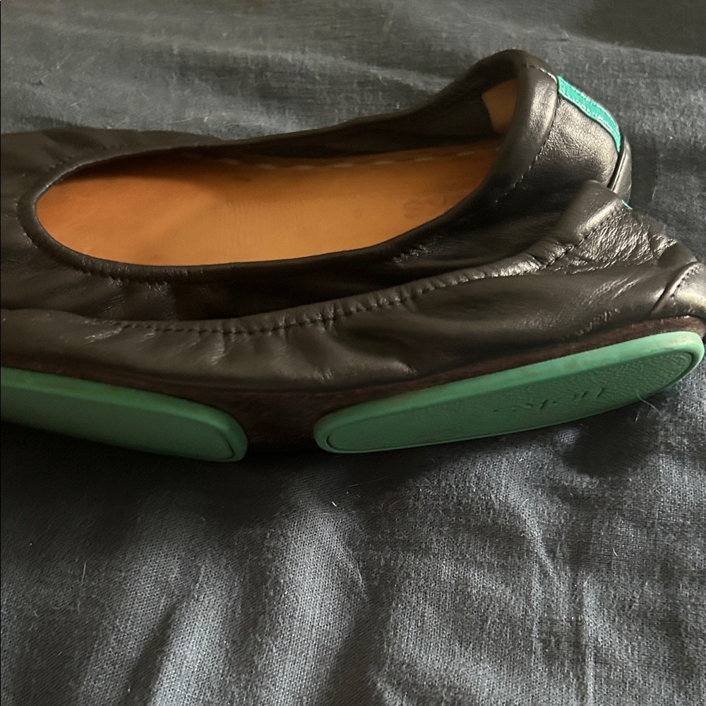 Tieks Black Leather Ballet Flats with Teal Heel Tab - Picture 7 of 7